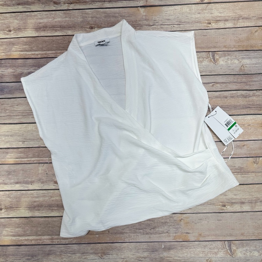 DKNY Women’s Surplice Wrap Crinkle Blouse Top Ivory  Size L